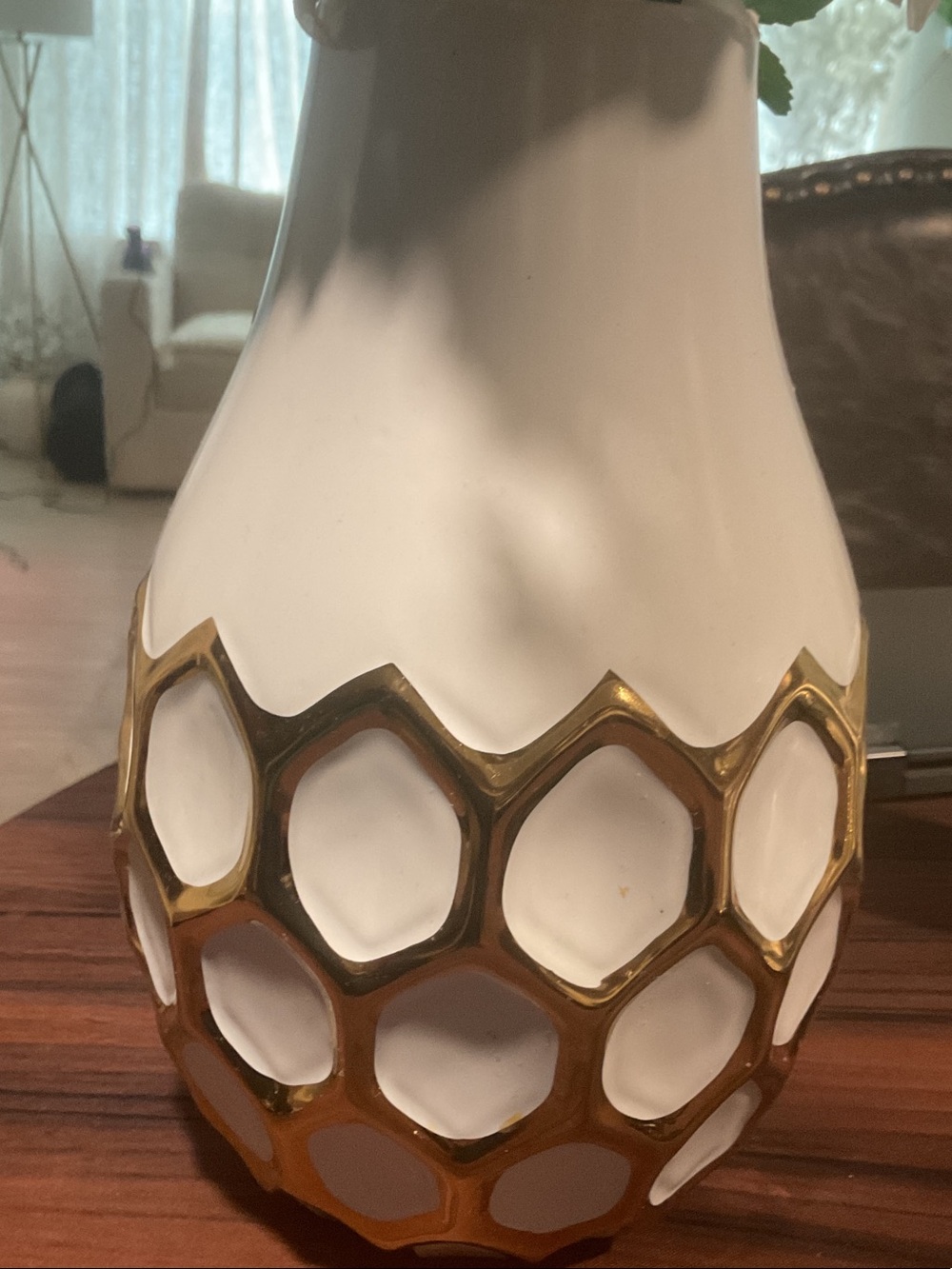 White and Gold Honeycomb Ceramic Vase - Unbranded